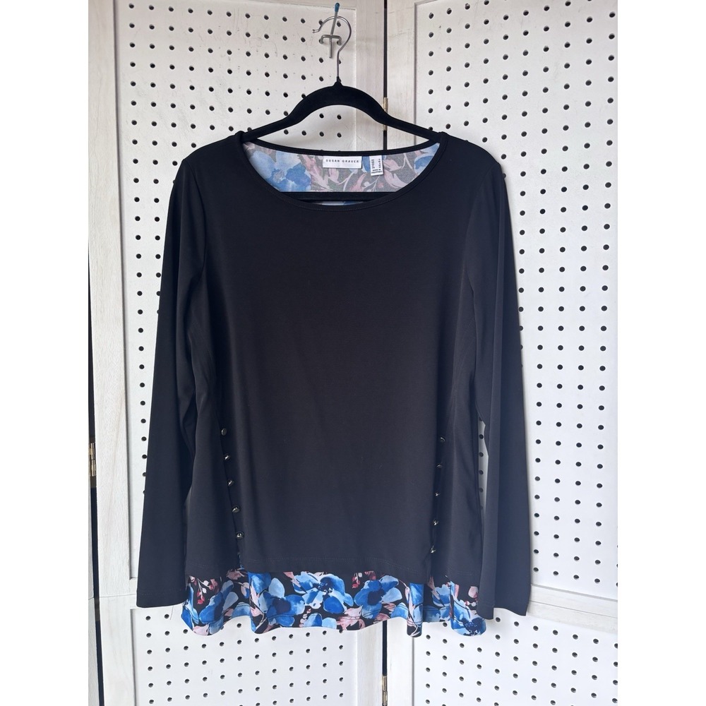Susan Graver Women's S Layered Solid Floral Blouse Long SLV Round Neck